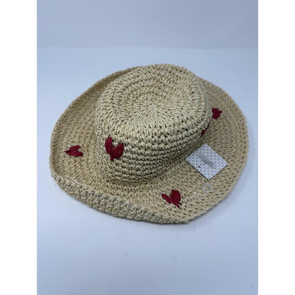 Lulla Collection Women's Beige Straw Sun Hat Red Heart Boho One Size NWT